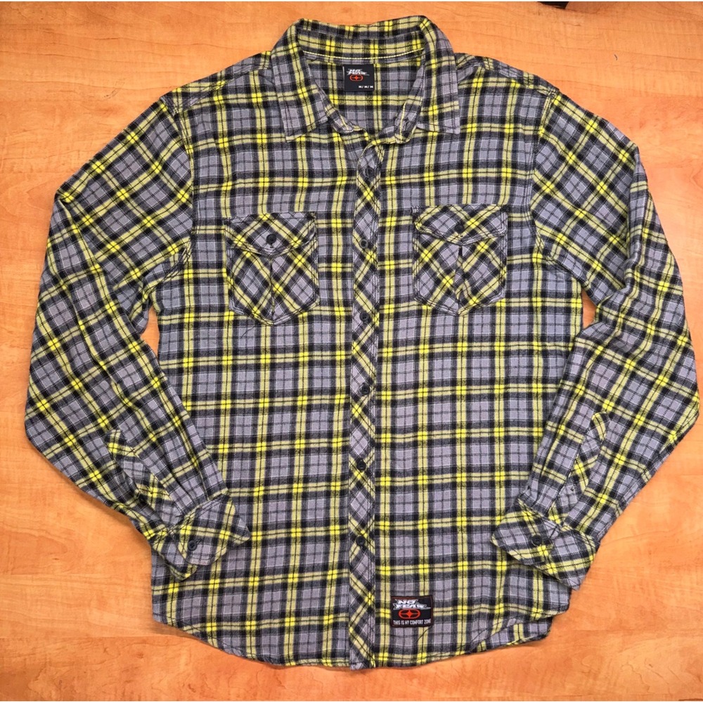 No Fear‎ Mens Plaid Flannel Shirt Grey Neon Yellow Long Sleeve Button Down M